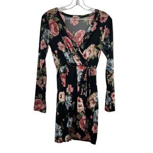 Punc Women's Long Sleeve Floral Faux Wrap Mini Dress Black/Multi Size Medium